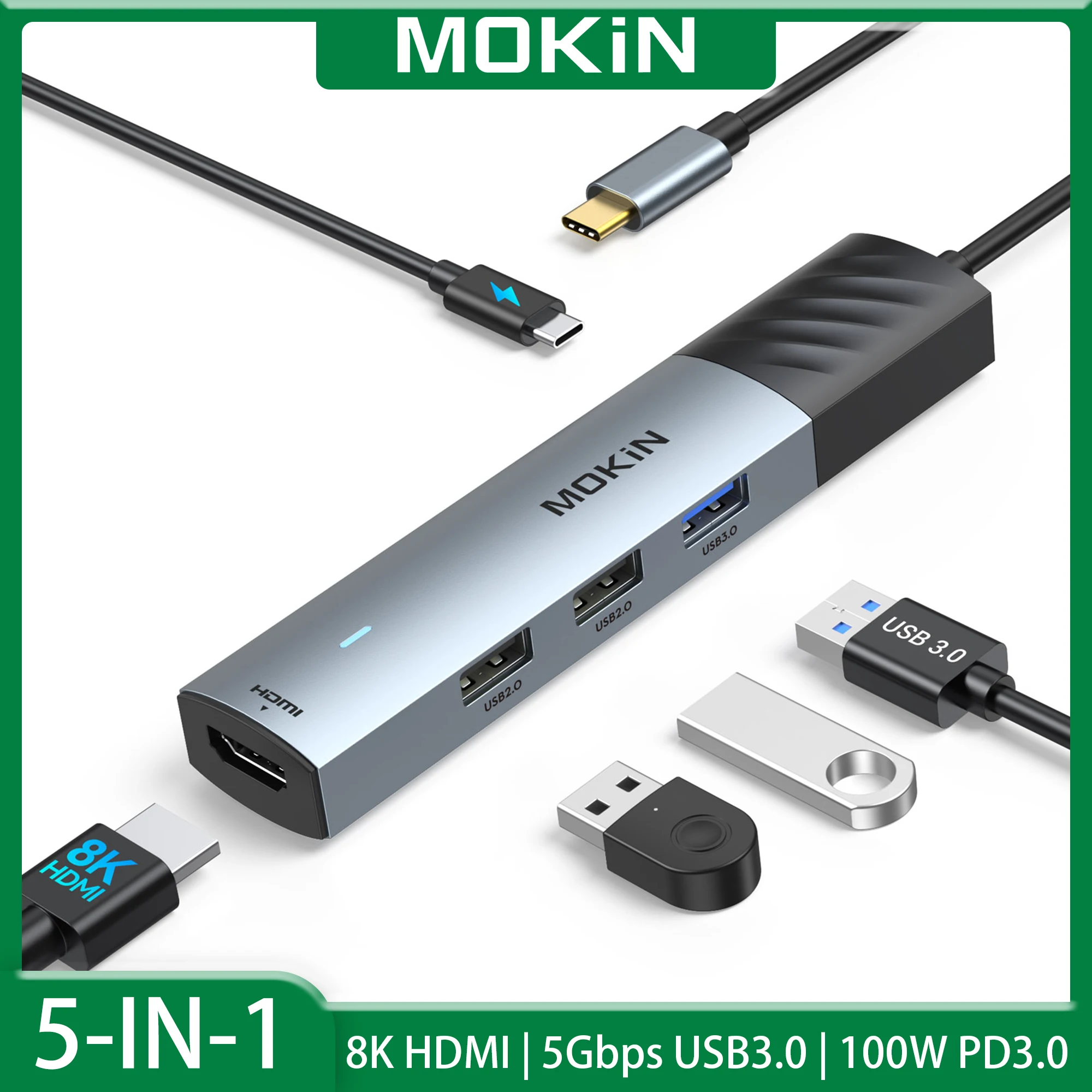 MOKiN USB Hub 5-in-1 USB-C Multiport Hub Adapter with 8K30Hz HDMI 5Gbps USB3.0 100W PD3.0 for MacBook Pro/Air Ipad PC laptop