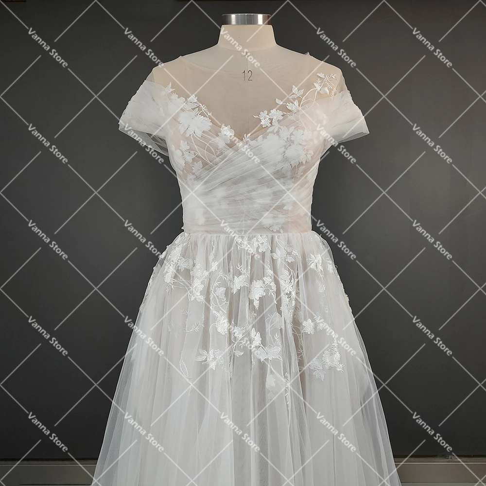 Cirss Cross increspato tulle illusione abiti da sposa spiaggia personalizzata una linea romantico pizzo floreale ricamo abito da sposa con scollo a barca