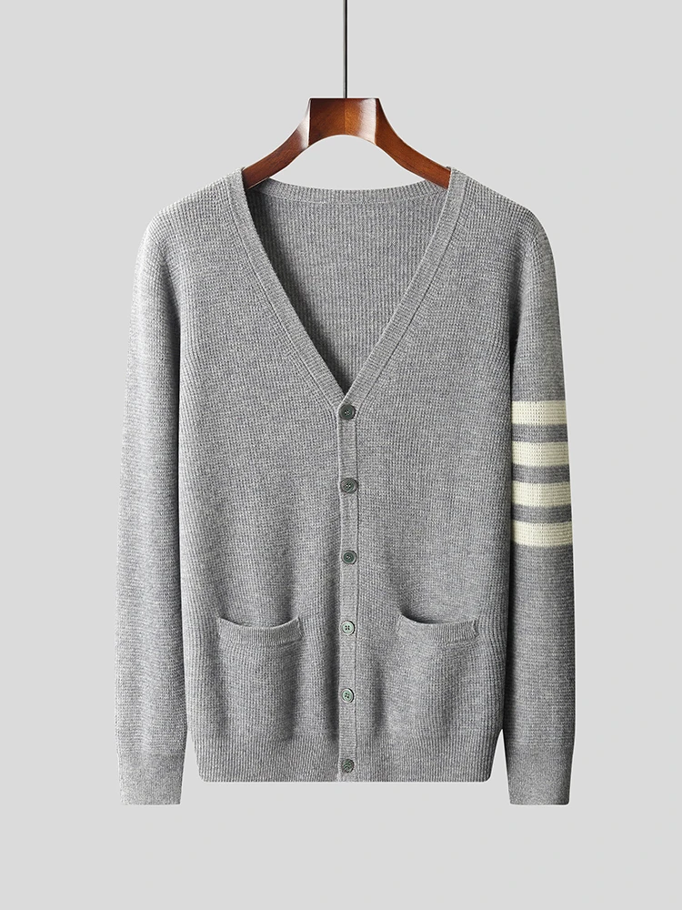 

Merino 100% Wool Men's V-neck Thick Warm Autumn Winter New High-end Fashion Casual Button Cardigan Knitted Sweater