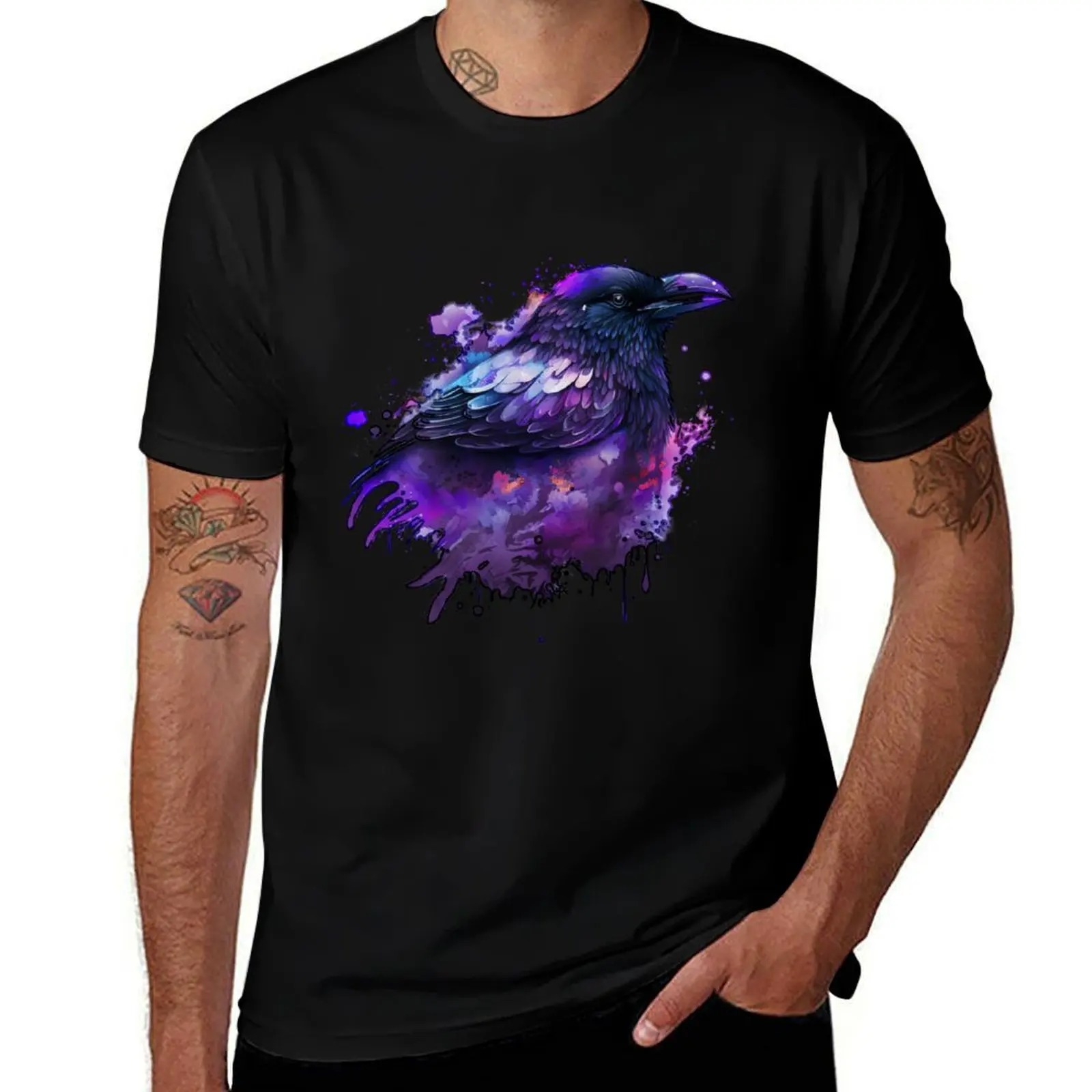 Vivid Stylized Painted Purple Magical Raven / Blackbird / Crow T-Shirt Big Size Short Sleeve Tee for Men T-Shirt