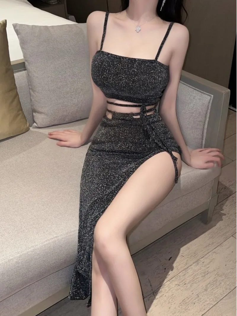 WOMENGAGA Spicy Girl Sexy Nightclub Silver Ribbon Lace Up Irregular Split Mid Length Tight Slim Hip Dress Elegant For Women ON8E