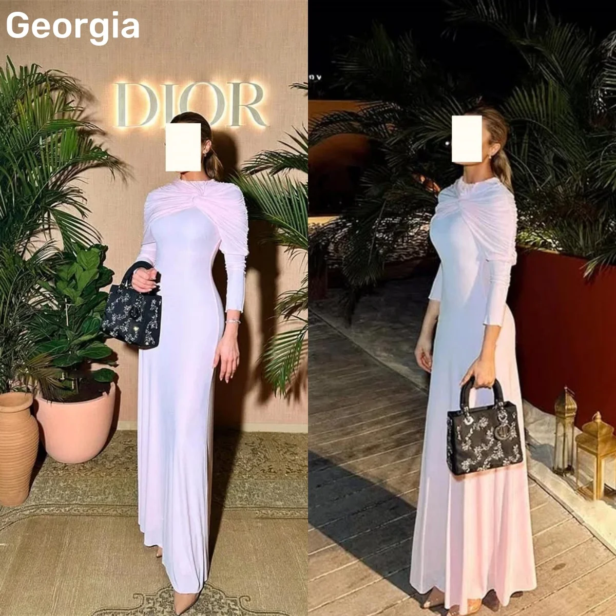 A-Line Customized Scoop Neckline Floor-Length Luxury Evening Dresses Ruffle Zipper Up Wedding Party Dress Long Sleeves Vestidos