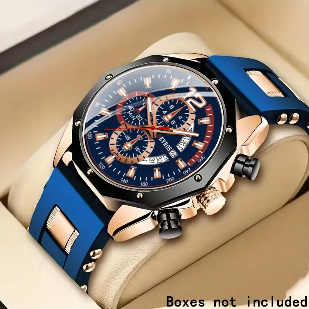 Blue Rose Golden Men's Quartz Watch, Silicone Strap Men Wrist Watch, Date Sports Business Dress Watch for Men Gift