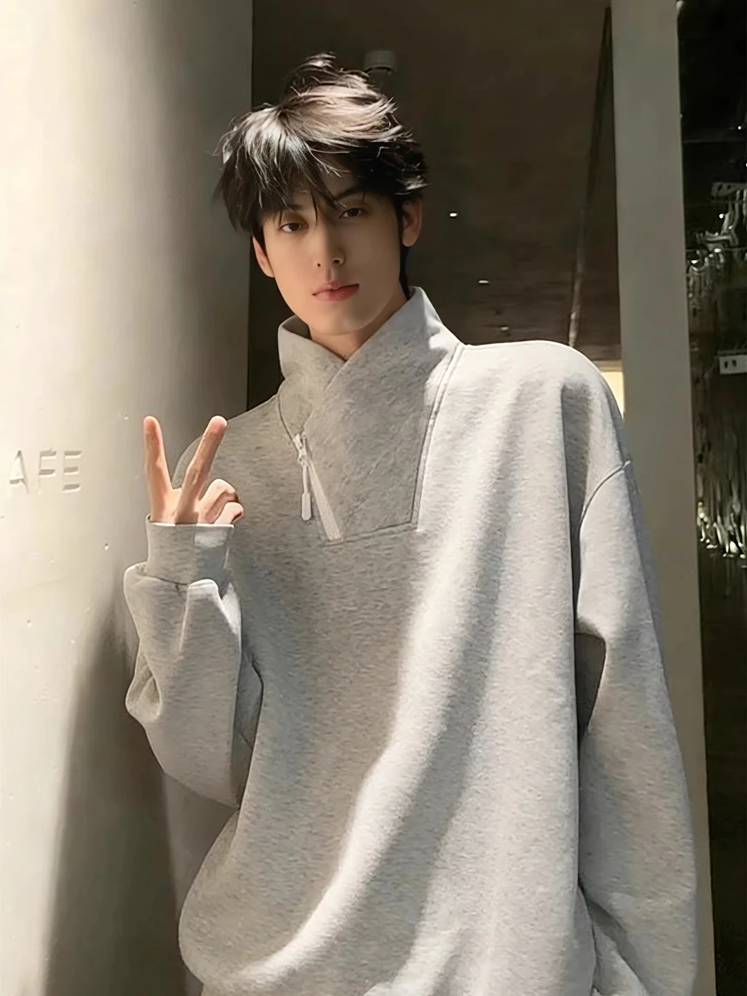 

Men's Zipper Design Fleece Lined Long Sleeve Sweatshirt Grey Color Warm Comfortable Casual Style Inner Wear Base Shirt