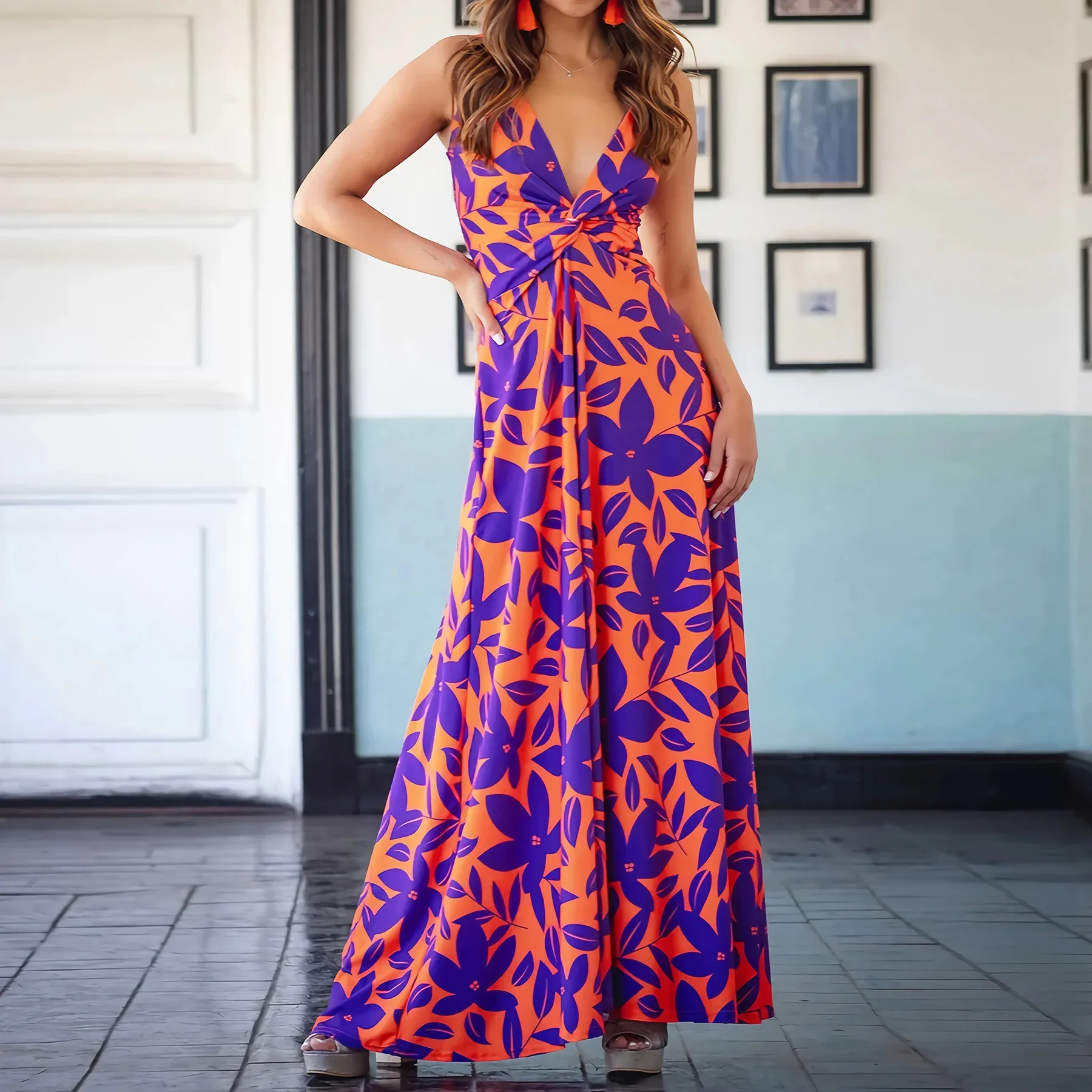 Frauen elegante sexy Spaghetti träger überall drucken Maxi kleider für Frauen Sommer Strand Urlaub Kleid Boho