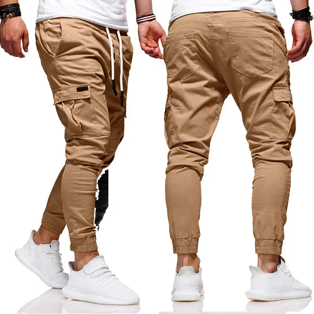 Men\'s Jogging Pants Denim Flip Pocket Side Drawstring Waist Overalls Leisure Elastic Sports Pants Training Tactical Pants