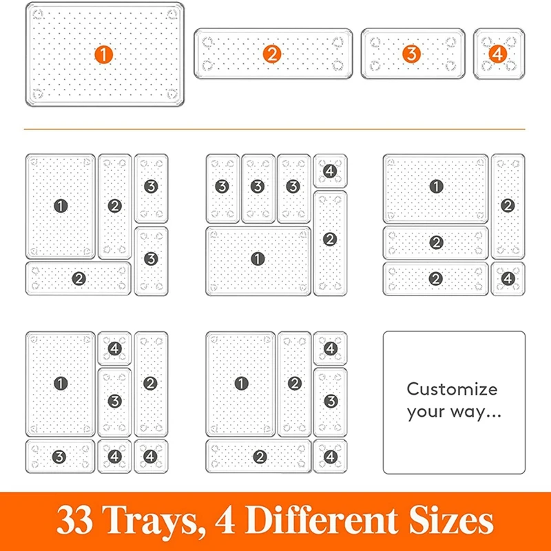 33 PCS Drawer Organizer Set Clear Plastic Desk Drawer Dividers Trays For Makeup, Jewelries And Gadgets, Bedroom,Office