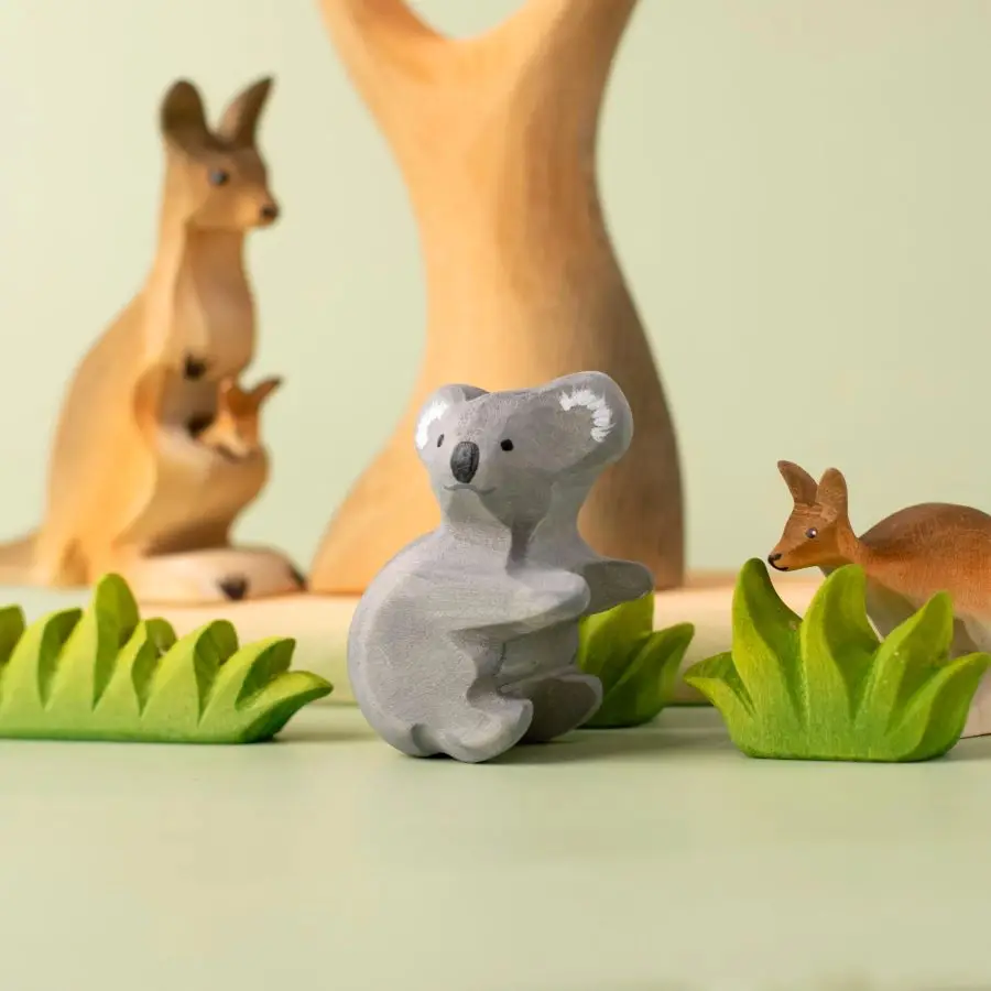 Montessori Wooden Koala Family with Eucalyptus Tree Sustainable Dolphins Handmade Small Palm Tree Waldorf Inspired Marine Animal