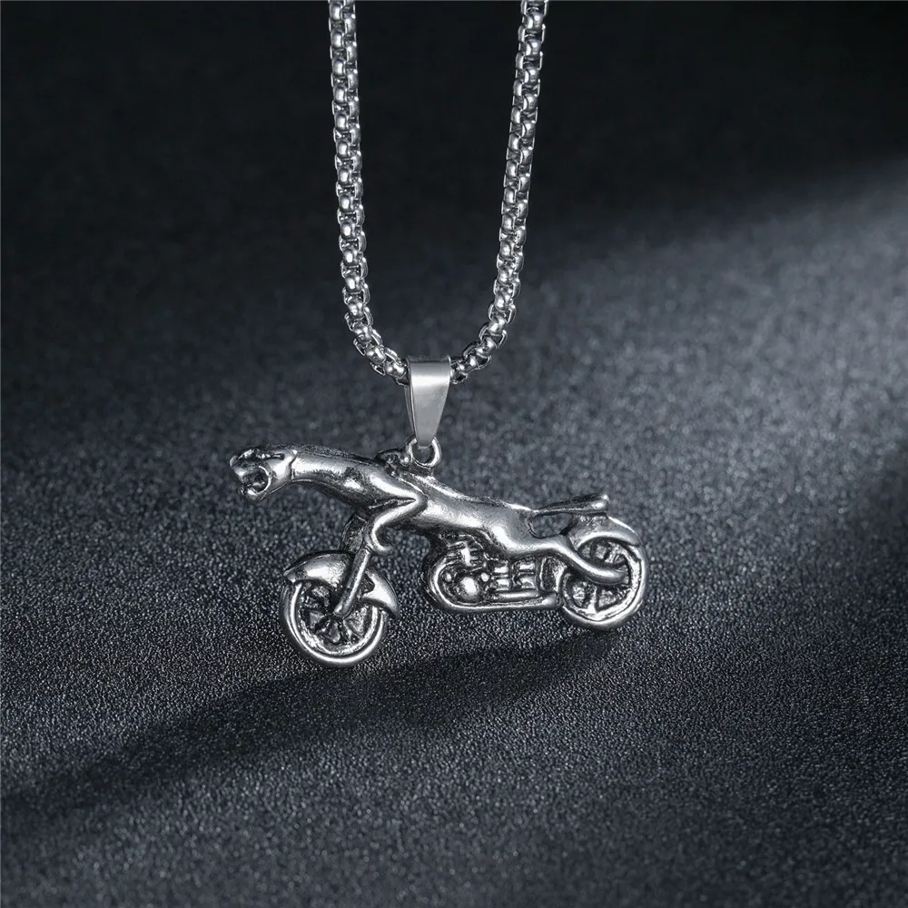 New Antique Dirt Bike Charm Leopard Necklace Motorcycle Pendant Women Men Lover Biker Gifts Rock Jewelry