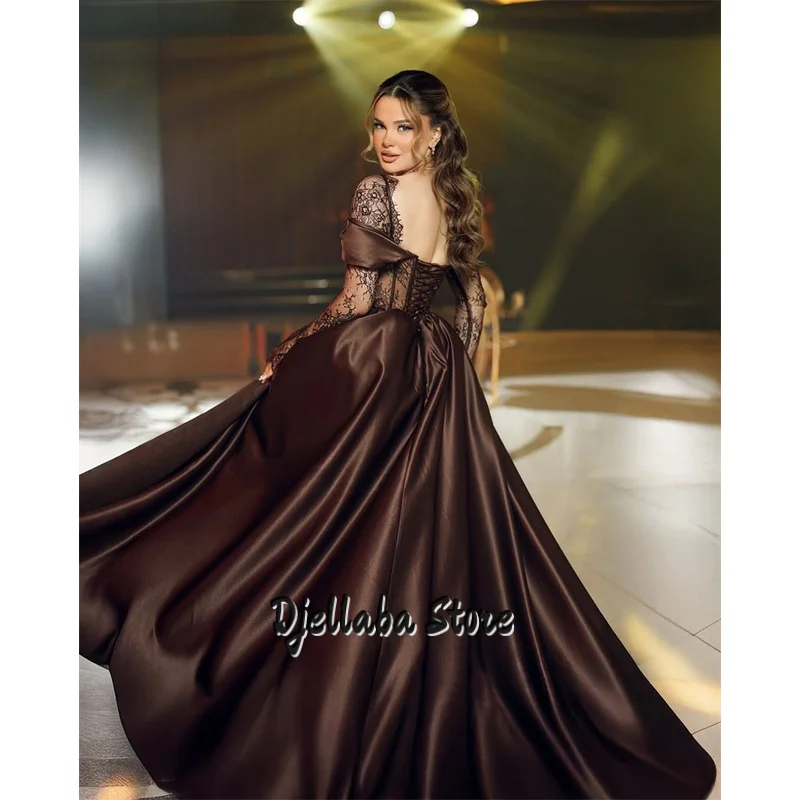 

Luxury Brown Long Evening Dresses Lace Satin Sweetheart A-Line Prom Dresses Full Sleeves Formal Prom Gowns 2026 Customized