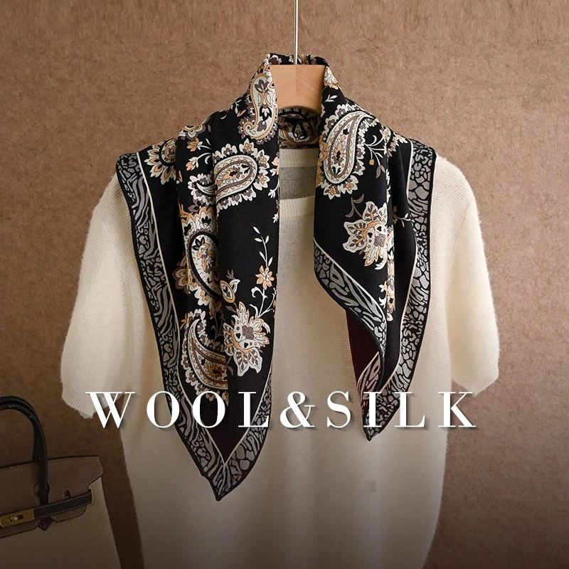 Vintage Burgundy Paisley Floral Silk Wool Square Scarf for Women Double‑Sided Vintage Luxury Brand Warm Neck Wrap