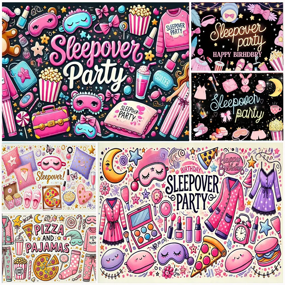 

Sleepover Pajama Party Decoration Pink Sweet Theme Girls Gift Background Popcorn And Slippers Design Backdrop Photography Props
