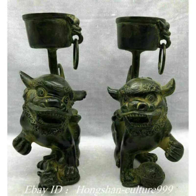 Old China Bronze Fengshui Foo Fu Dog Lion Leo Oil Lamp Candlestick Statue Pair