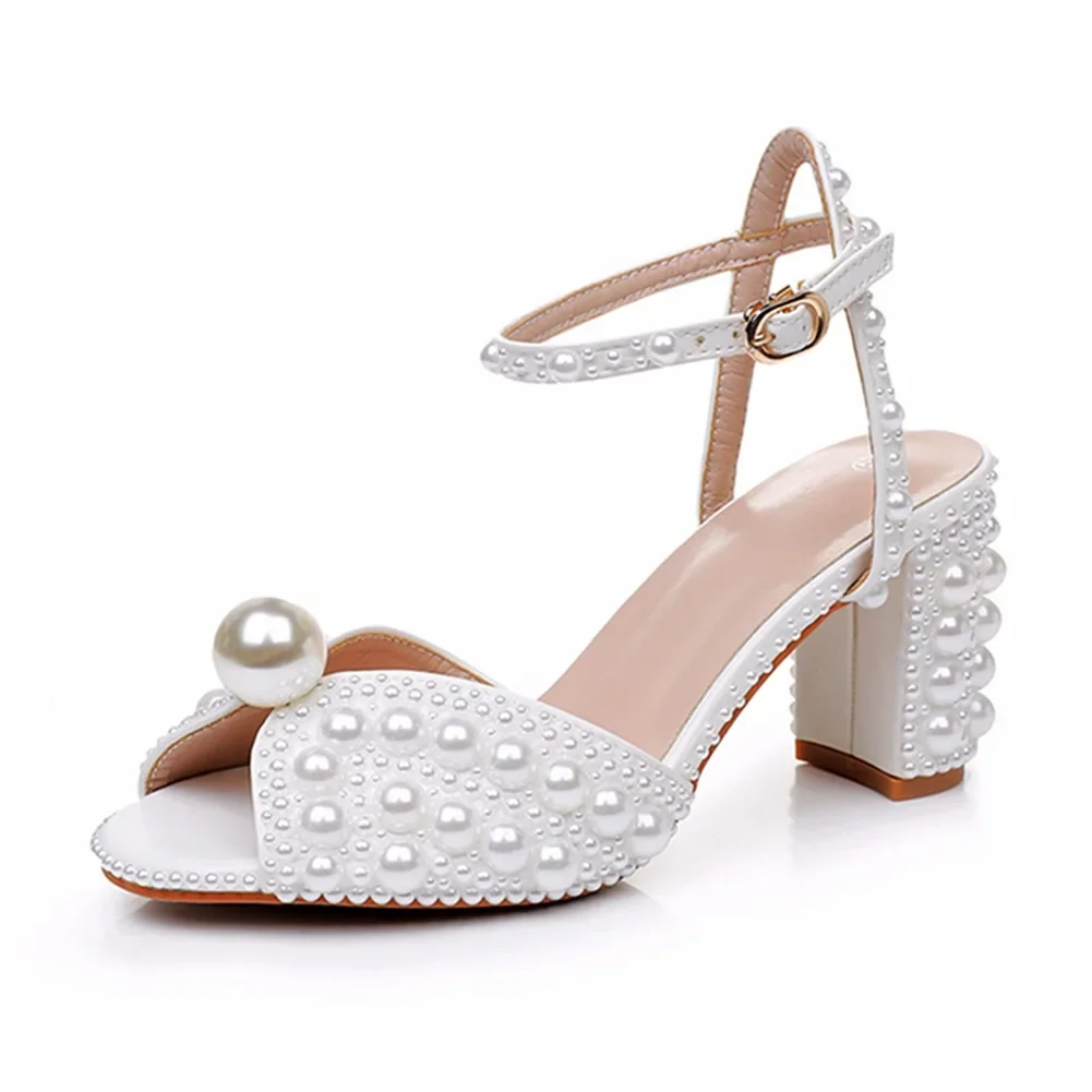 New Fish Mouth High Heels Party Women\'s Sandals Luxury Thick Heels Water Diamond Pearl Women\'s Dress Wedding Shoes