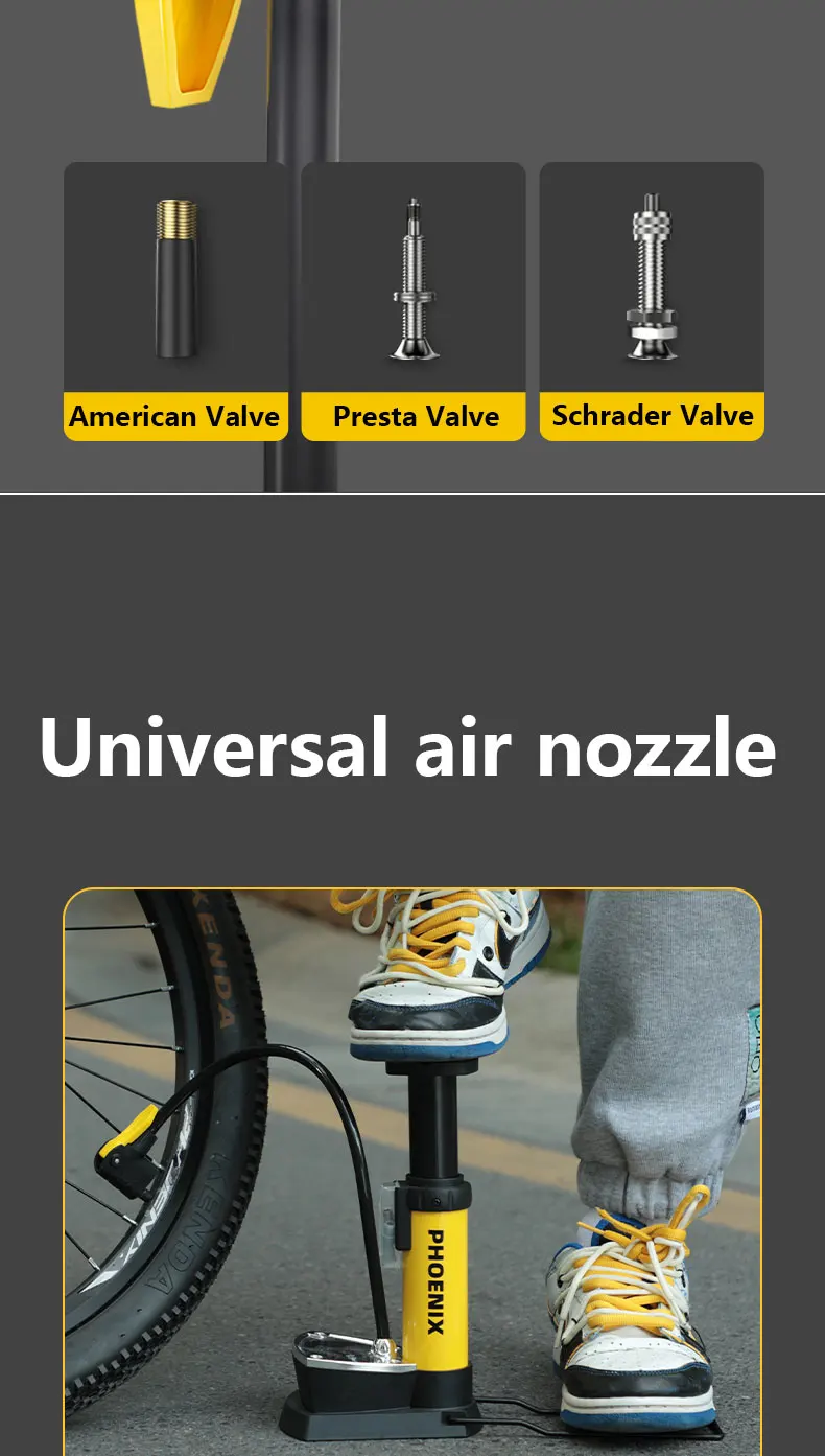 Tragbare Fußpumpe Phoenix 120 PSI, mit/ohne Manometer, universelle Düse für Fahrräder, E-Bikes, Schlauchboote – Detail 9