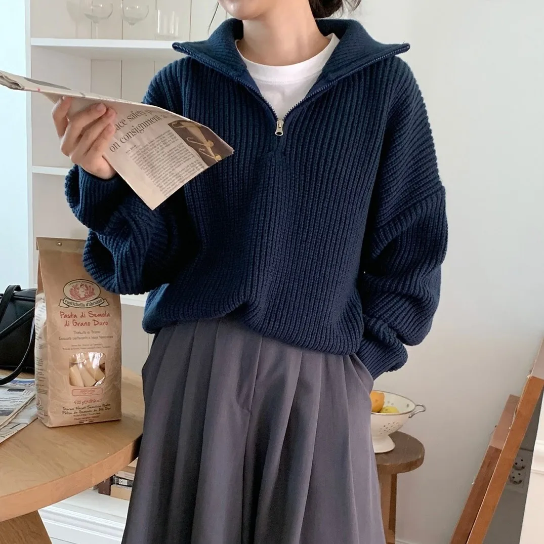 

Chic Thiened Knitted Sweater Women's Winter Warm High Collar f Zipper Hooded Pure Color Comfortable Long Sve Top