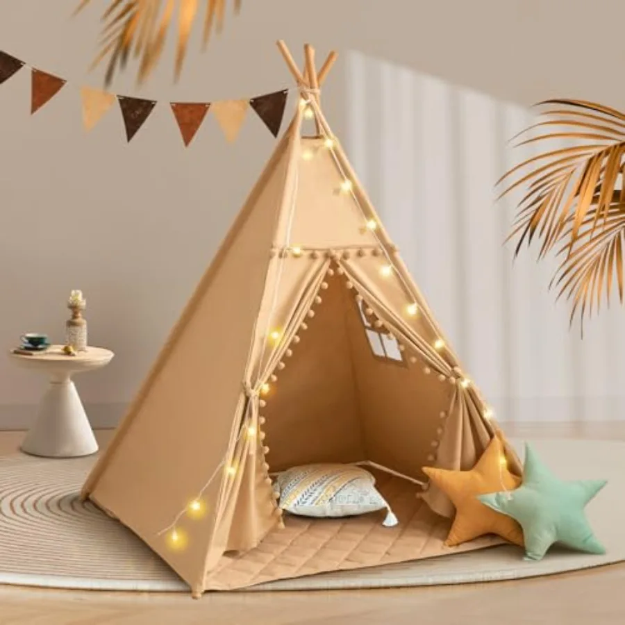 

Indoor play tent for toddlers with cotton canvas material khaki color star lights and pompom trim for girls and boys includes m