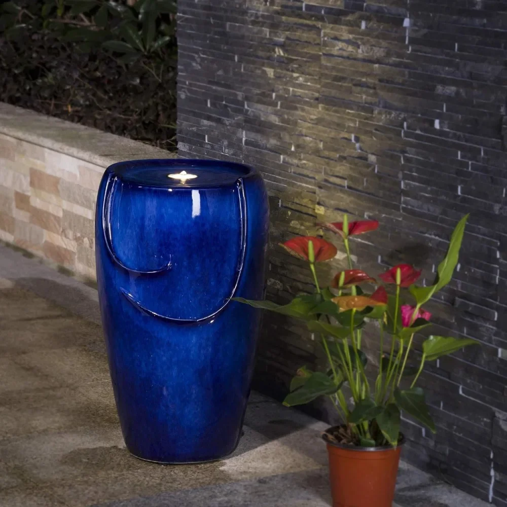 

Glitzhome Ceramic Vase Outdoor Water Fountain Tall Patio Garden Water Fountain with LED Light and Submersible Pump Yard Art Deco