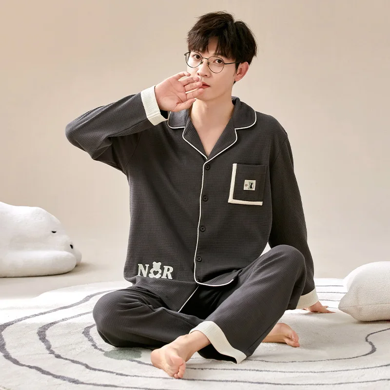 Cotton Pijama for Men 2 Pieces Lounge Sleepwear Pyjamas Solid Color Spring Bedgown Home Clothes Man PJs Pajamas Set Dropship