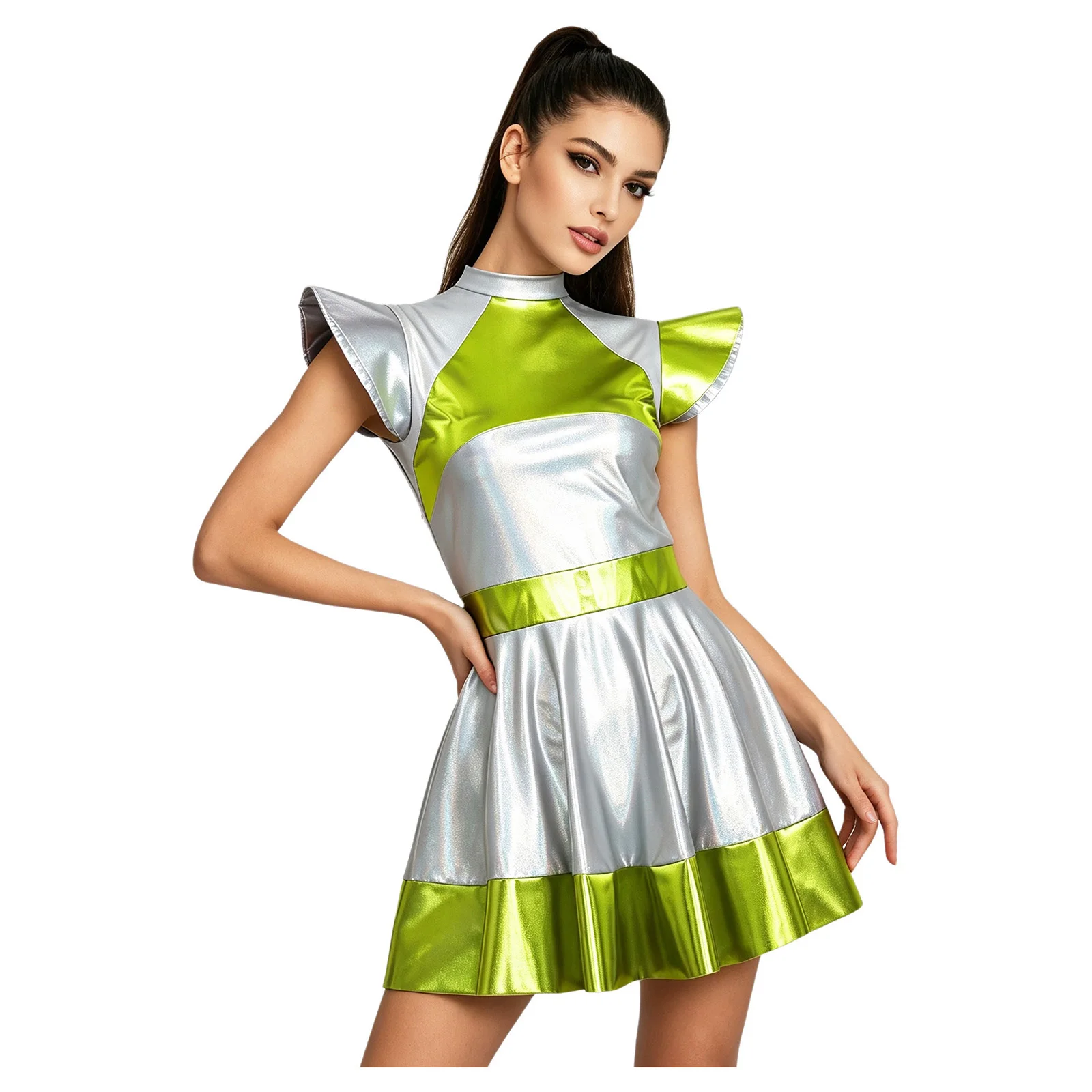 Women Alien Space Robot Galaxy Warrior Costume Metallic Shiny Fly Sleeve Zipper Dress for Halloween Theme Party Masquerade