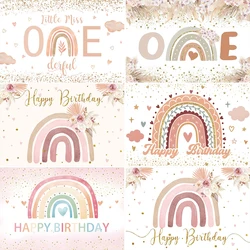 Boho Rainbow Theme Child One Birthday Party Photography Background Baby Shower Pink Pampas Grass Decor Cake Smash Photo Backdrop