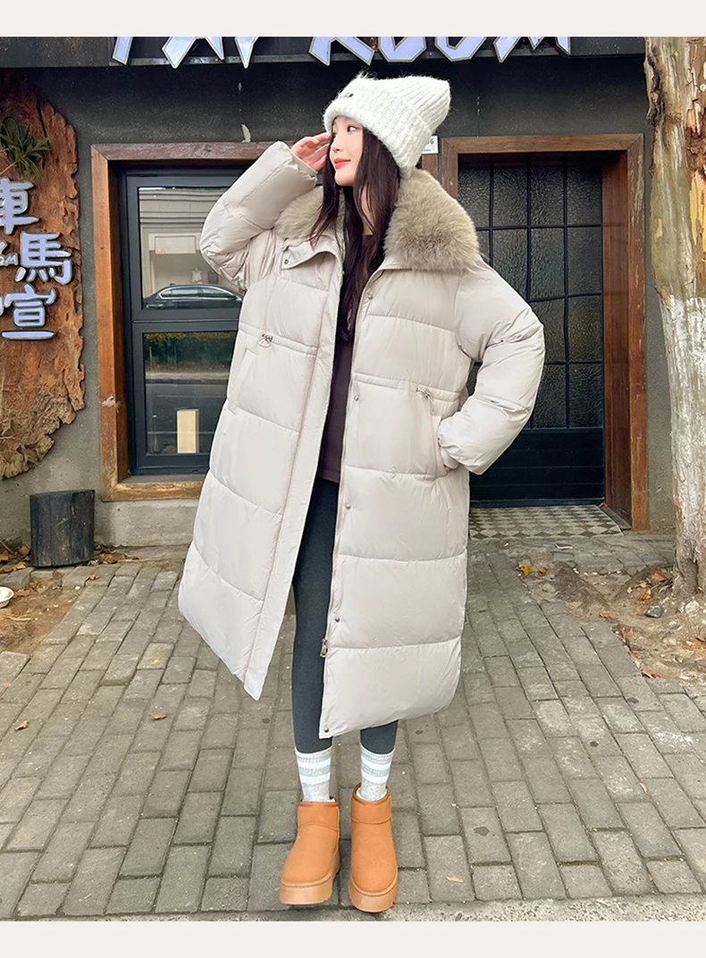 الشتاء المرأة سميكة سترة منفوخة مزيج القطن معطف مع كبير فو الفراء طوق Cinched الخصر التخسيس طول الركبة 2025 #6