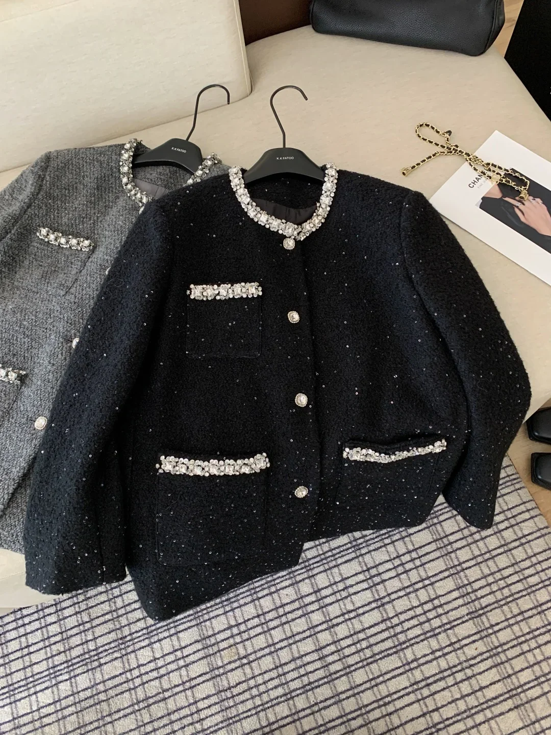 Rhinestone Tweed Coat Women 2024 Autumn and Winter Sequined Round Collar Single-breasted Jackets Temperament Gray Elegant