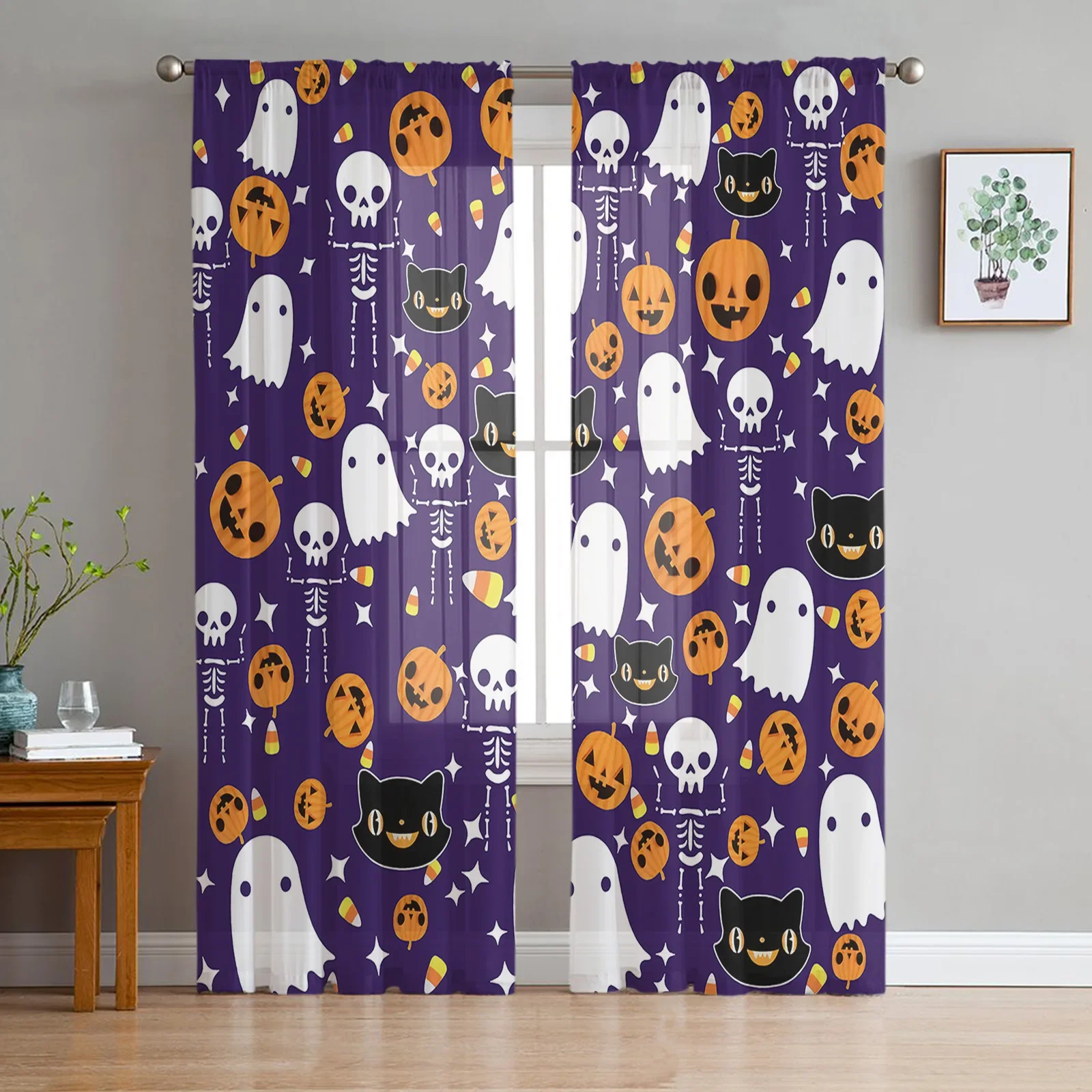 

Halloween Pumpkin Candy Black Cat Sheer Curtains For Living Room Tulle Window Curtain Bedroom Kitchen Veil Drapes