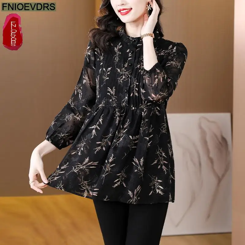 L-5XL Loose Clothes 2023 Women European Fashion Elegant Office Lady Work Button Shirt Retro Tunic Belly Peplum Tops And Blouses