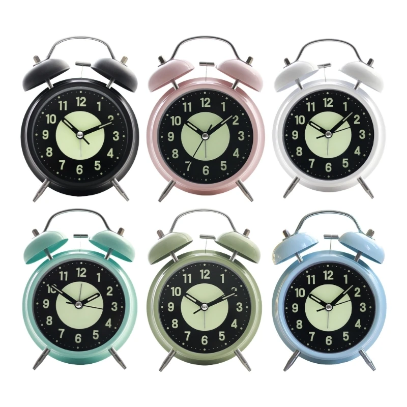 Y166 Vintage Metal Alarm Clock Green Fluorescent Dials with Back Light for Bedroom