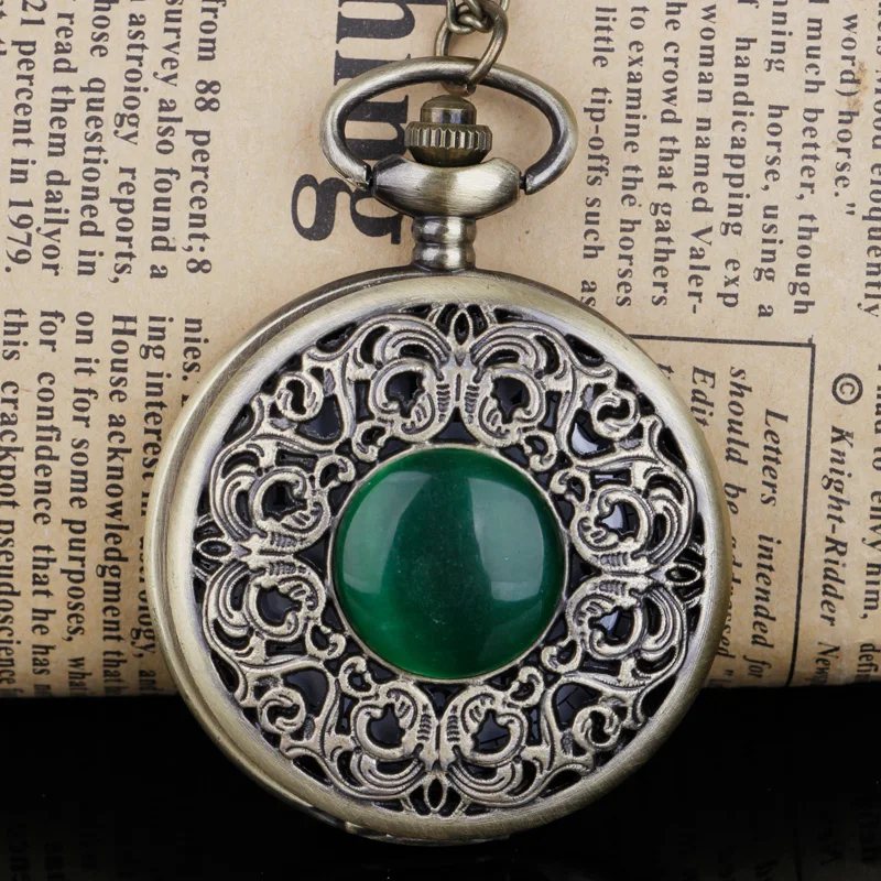 Steampunk hueco verde cristal Esmeralda imitación piedra cuarzo reloj de bolsillo collar mujer Fob reloj joyería colgante cadena