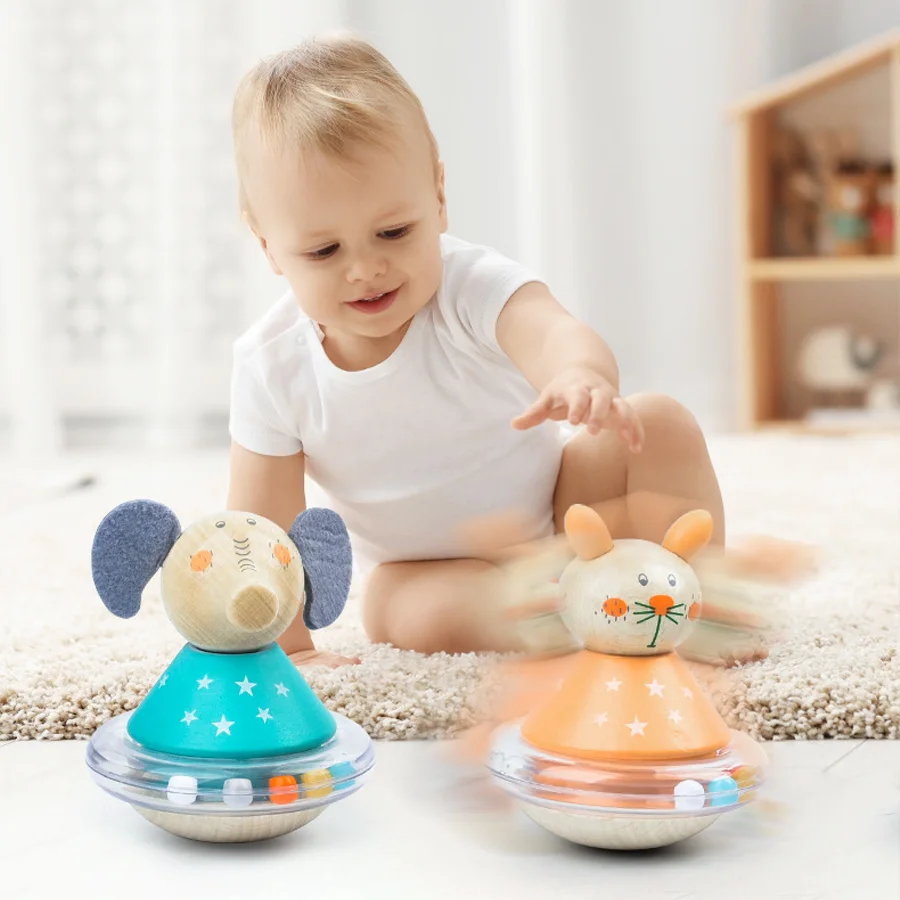 Children Wooden Educational Toys Cartoon Animal Tumbler Rattle Ring Bell Montessori Toys for Baby Preschool Gift