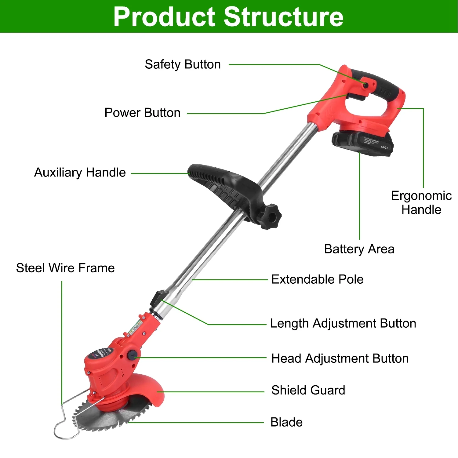 Electric Cordless Grass Trimmer Rechargeable  with Alloy Saw Blade 2 Alloy Blades 5 Plastic Blades 2 Rechargeable Batteries