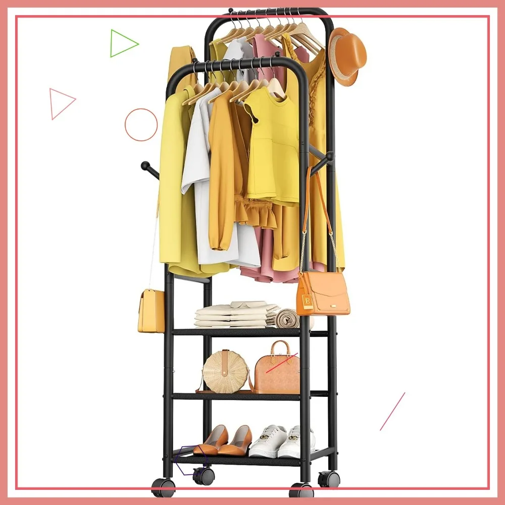 

Double Rod Rolling Clothes Rack with Wheels, Sturdy Portable Garment Rack for Bedroom Laundry Living Room, Black