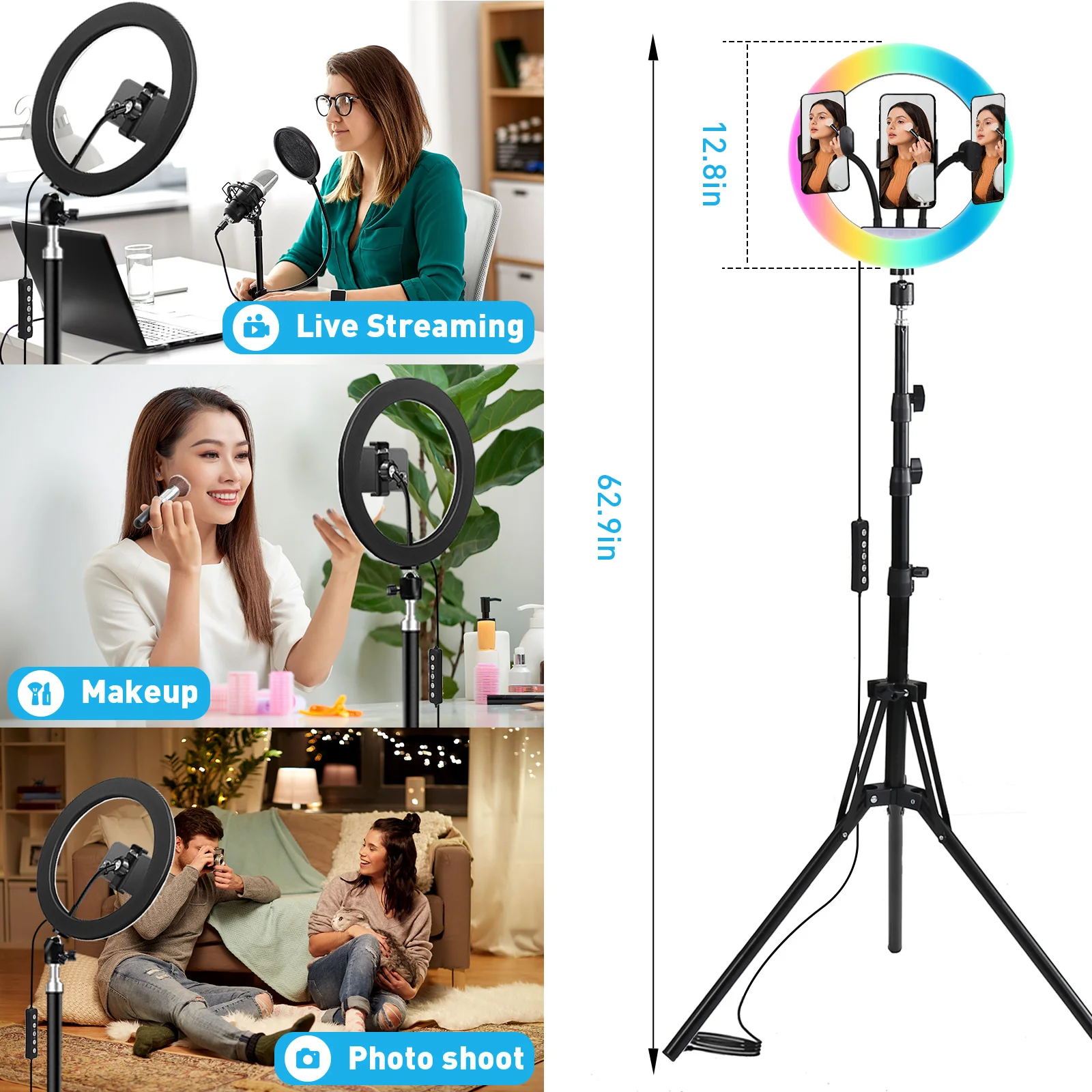 RGB Fill Light Inch Ring Light LED Photographic Lamp Camera Phone Youtube Makeup Lamp Three Sockets USB Interface Live Light