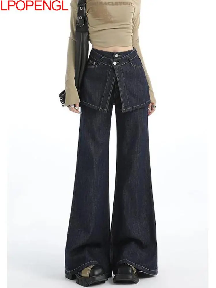 

Fake Two Pieces Dark Blue High Street Jeans Women's Spring And Autumn 2025 New High-waisted Wide-leg Loose Straight Flared Pants