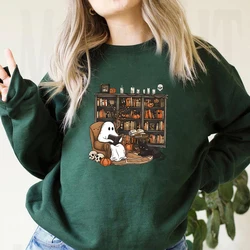 Retro Ghost Reading Books Sweatshirt Librarian Ghost Halloween Shirt Halloween Teacher Sweater Boo School Pullover Teacher Gift