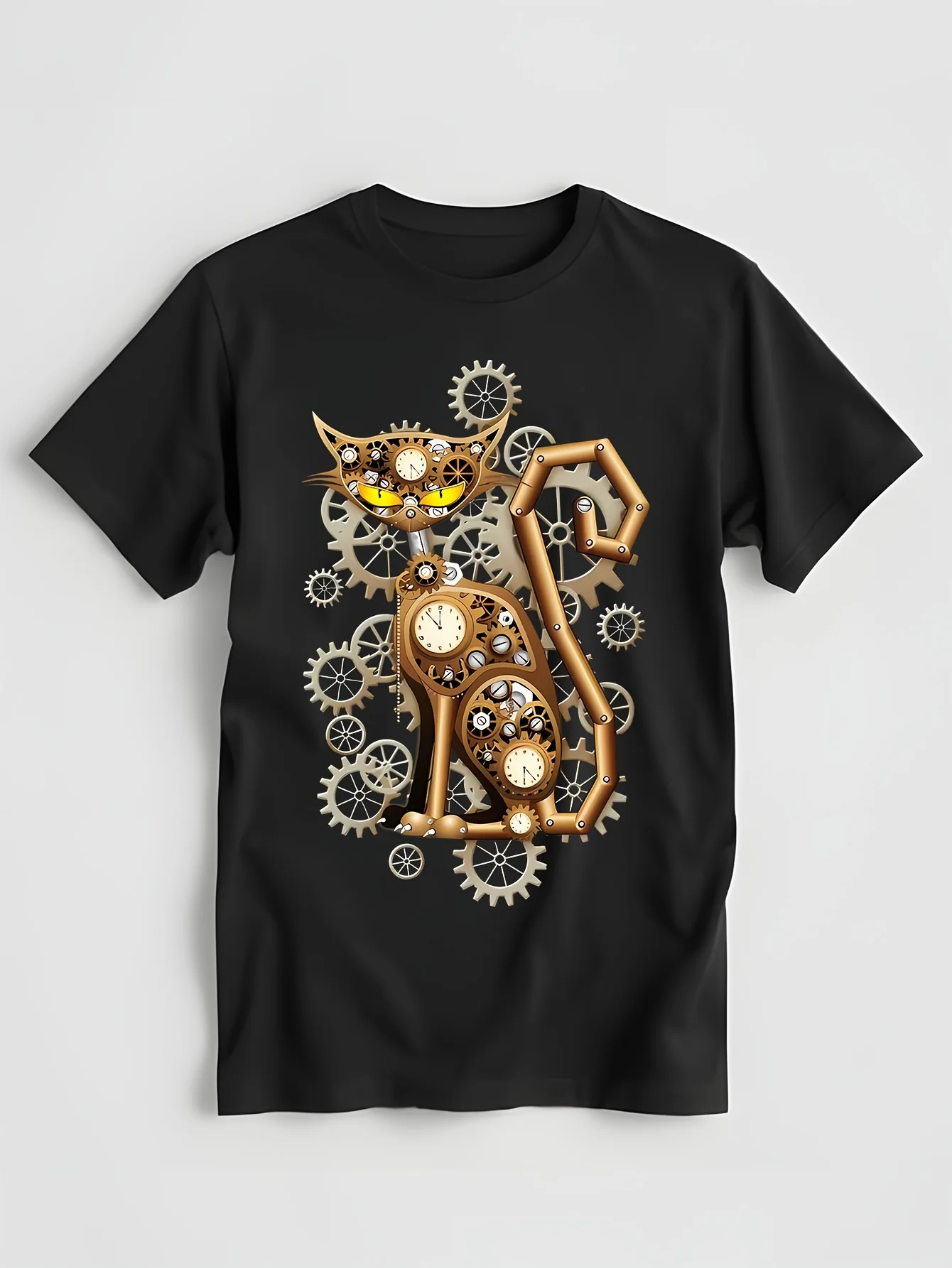 Family Steampunk Cat Vintage Copper Toy Tops Shirt for Men Overd Mother Day Round Neck Cotton Fabric Shirts Tee-Shirts Sky