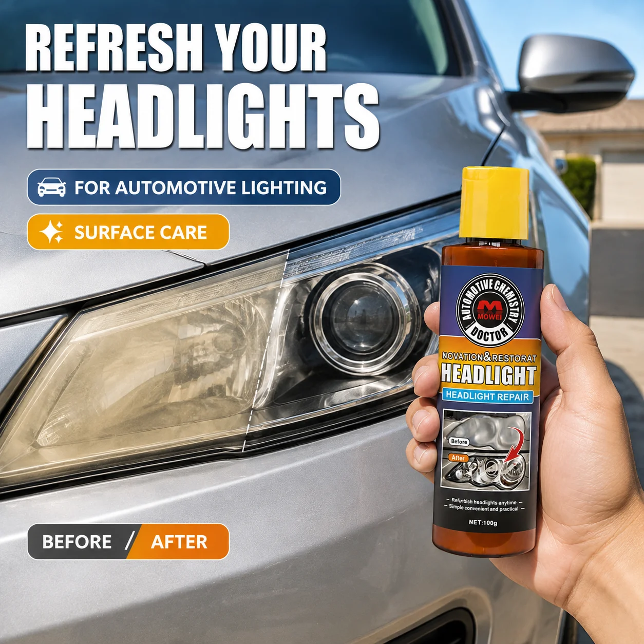 Car Headlight Restoration Liquid, Efficient DIY Polish, No Disassembly Needed, Removes Yellowing Oxidation for Crystal Clear Len