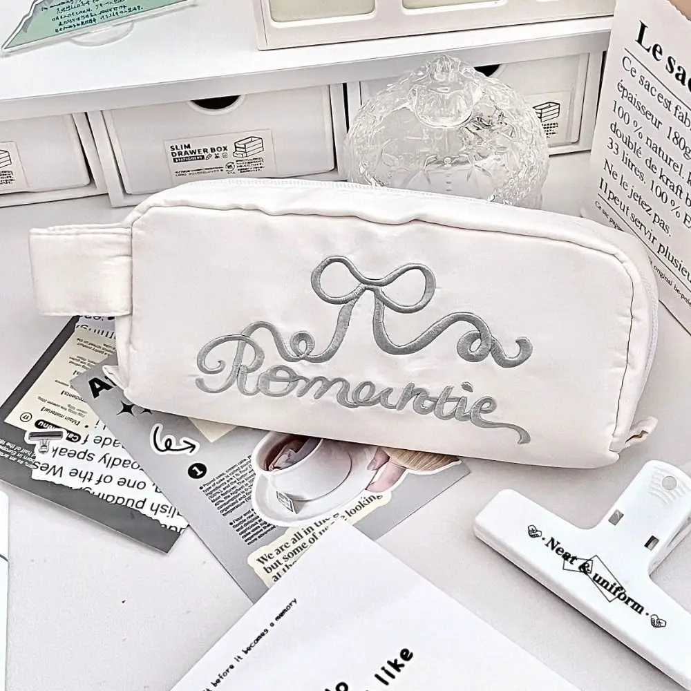 Portable Canvas Pen Bag Bow Embroidery Back To School Gift Stationery Bag Large Capacity Pencil Case Student