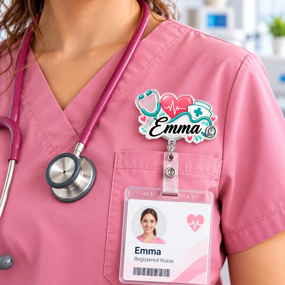 1pc Custom Name Badge Reel Personalized Acrylic Nurse ID Holder Stethoscope Heart Retractable Clip for Nurses Teachers Students