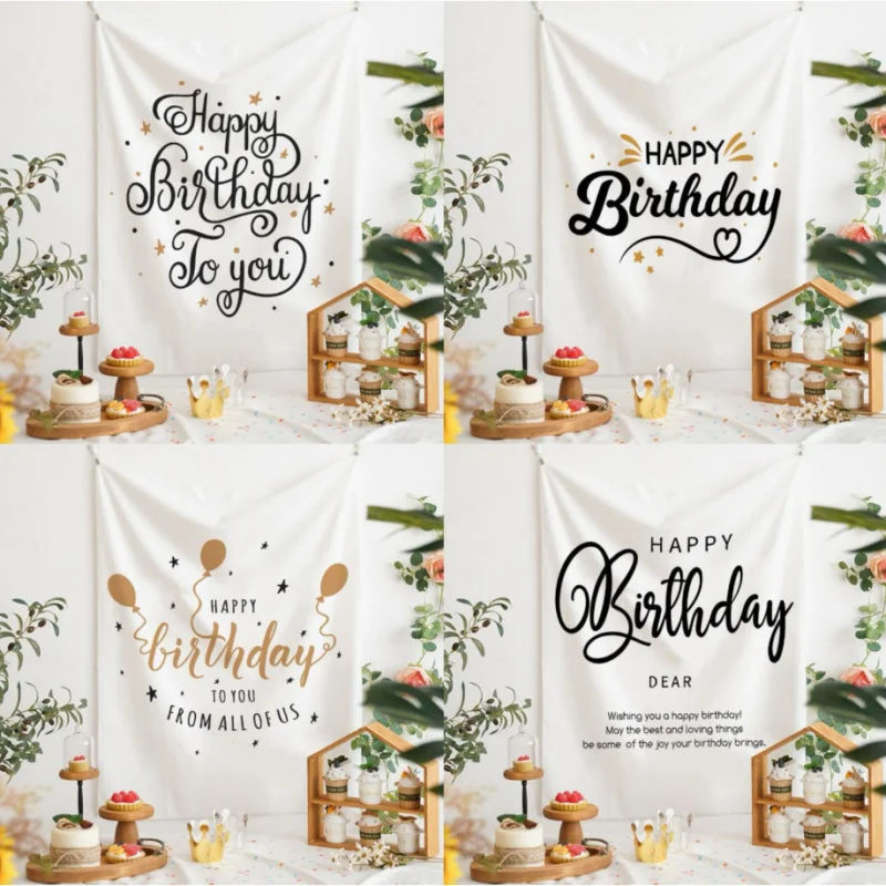 VIKAMA Minimalistischer schwarz-weißer Happy Birthday Wandteppich, Party-Hintergrund für Kinder und Erwachsene, Geburtstagsdekoration, Schlafzimmer-Fotohintergrund