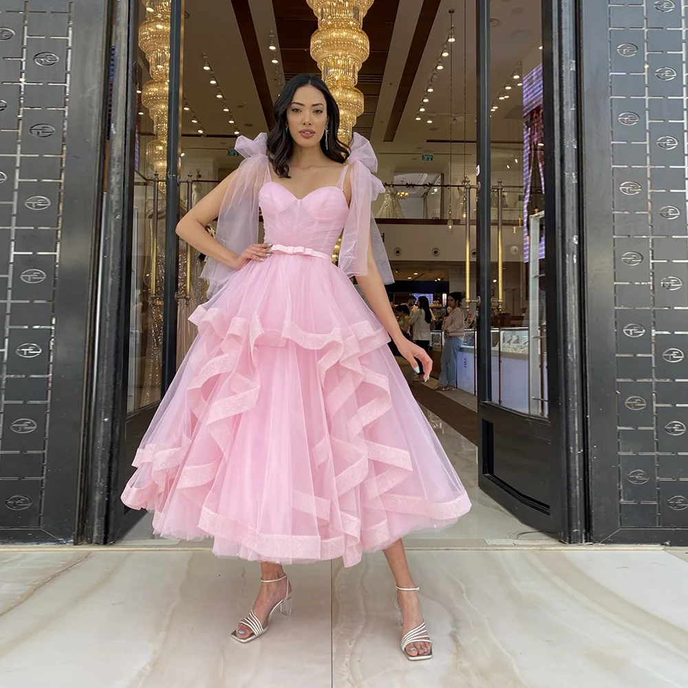 

Customzied Charming Spaghetti Straps Tulle Bow Prom Party Dress A-line Ruffles Sequins Prom Gown with Belt Backless