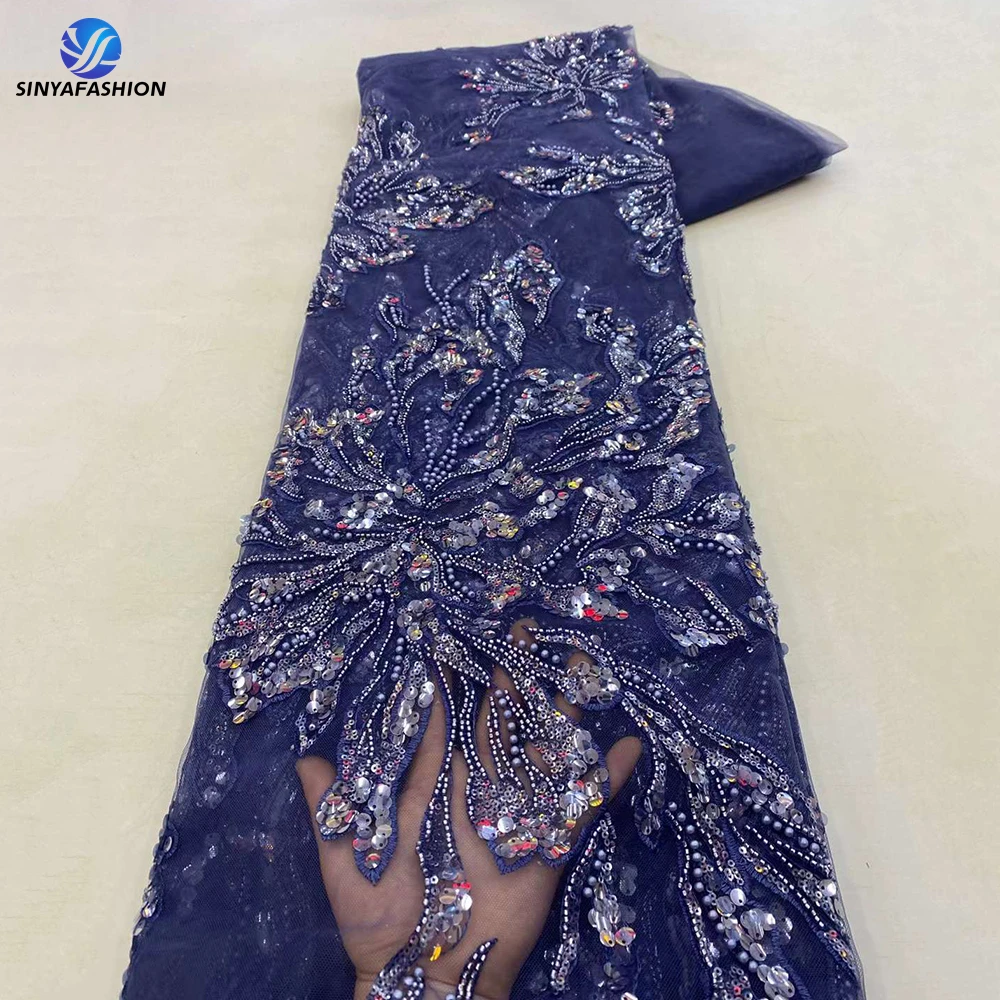 

Sinya Navy Blue Embroidery Big Sequence Pearls African French Tulle Nigerian Sequins Luxury Beaded Lace Fabric For Bridal Party