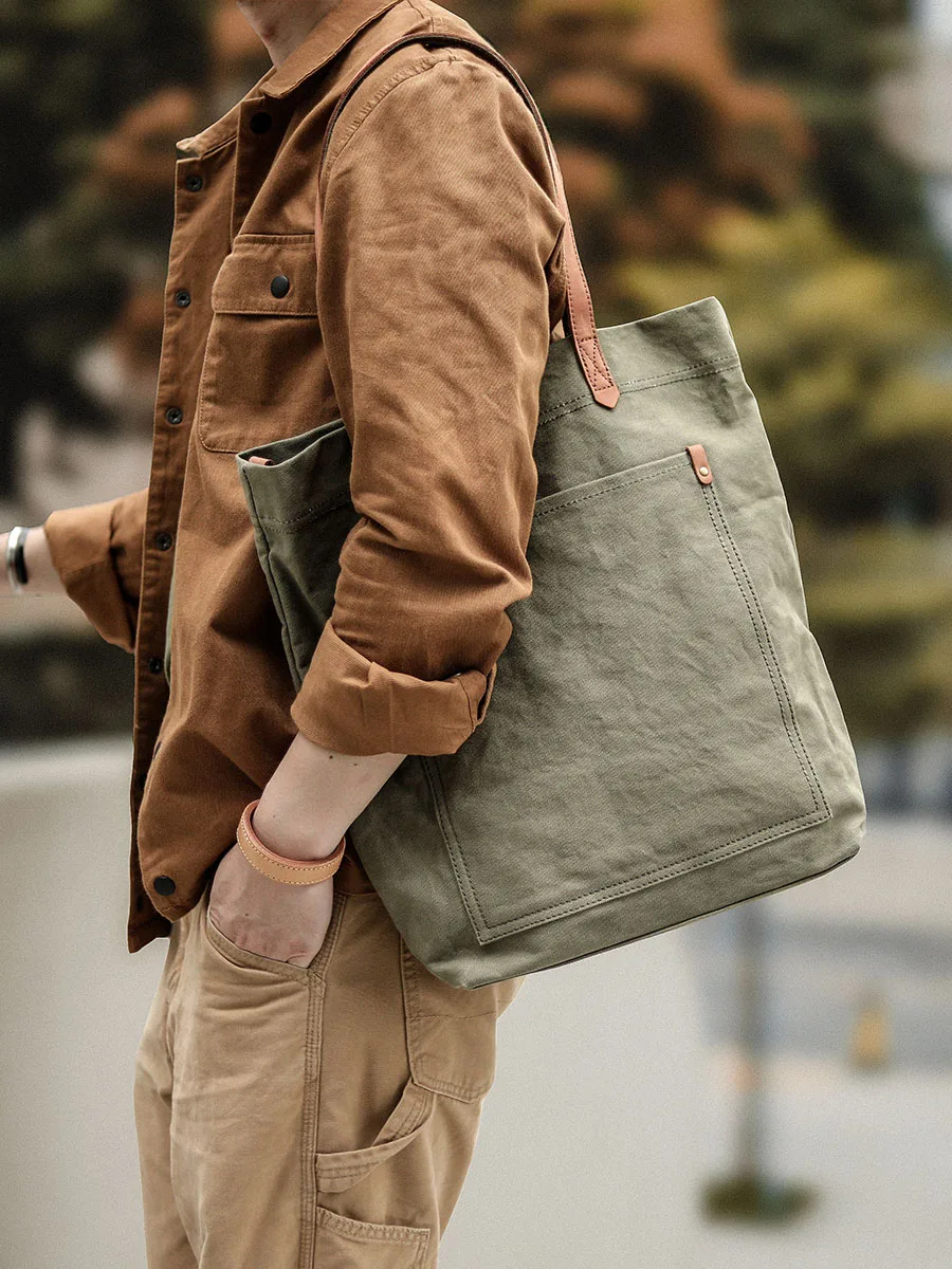 Bolso de mano artístico Retro para hombre, bolsa de cuero de vaca con lona, bandolera de hombro, portátil, novedad de 2024