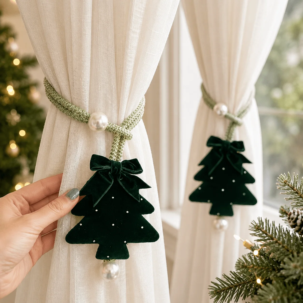 4/2 Pieces of Green Velvet Bow Ties with Rhinestones for Christmas Tree Curtain Tiebacks, Sheer Curtain Fixing Decorative Straps, Christmas Holiday Window Decorations, Home Decor, Suitable for Curtain Fixing, Christmas Curtain Installation