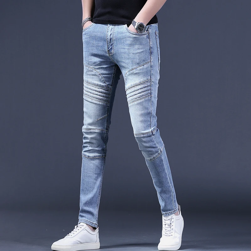 Blue Biker Men's Jeans Fashion Slim Fit Pants Streetwear Casual Patchwork Denim Trousers CP2203