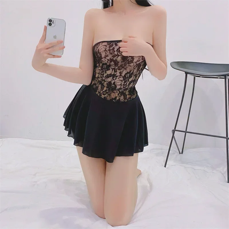 

Erotic See-through Pleated Micro Dresses Transparent Lace Ice Silk Stitching Tube Top Mini Dress with Thong