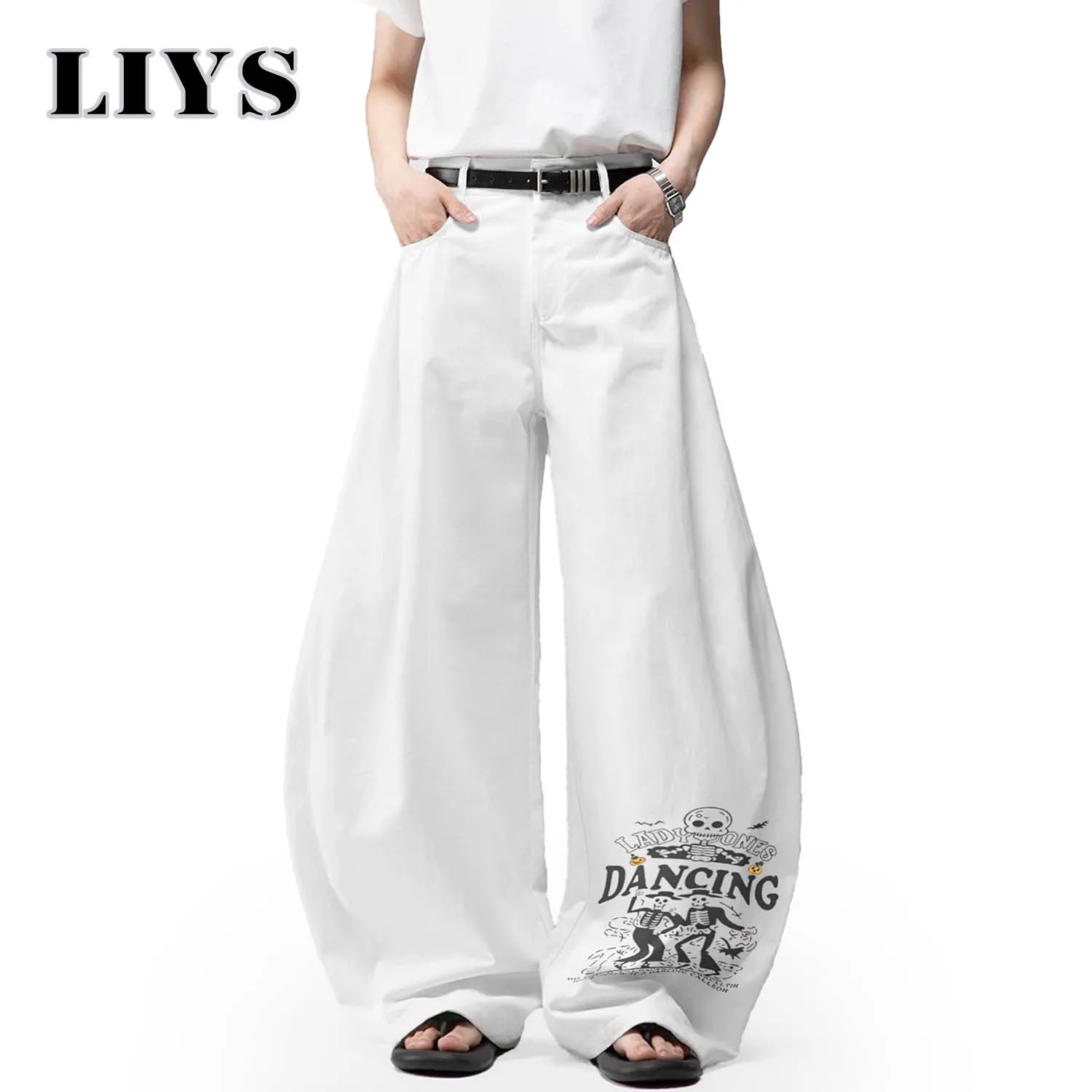 جينز كوري أبيض فضفاض للرجال واسع الساق 100% قطن مطبوع الهيب هوب أكاديمي فضفاض للجنسين من قماش الدنيم زي الهالوين