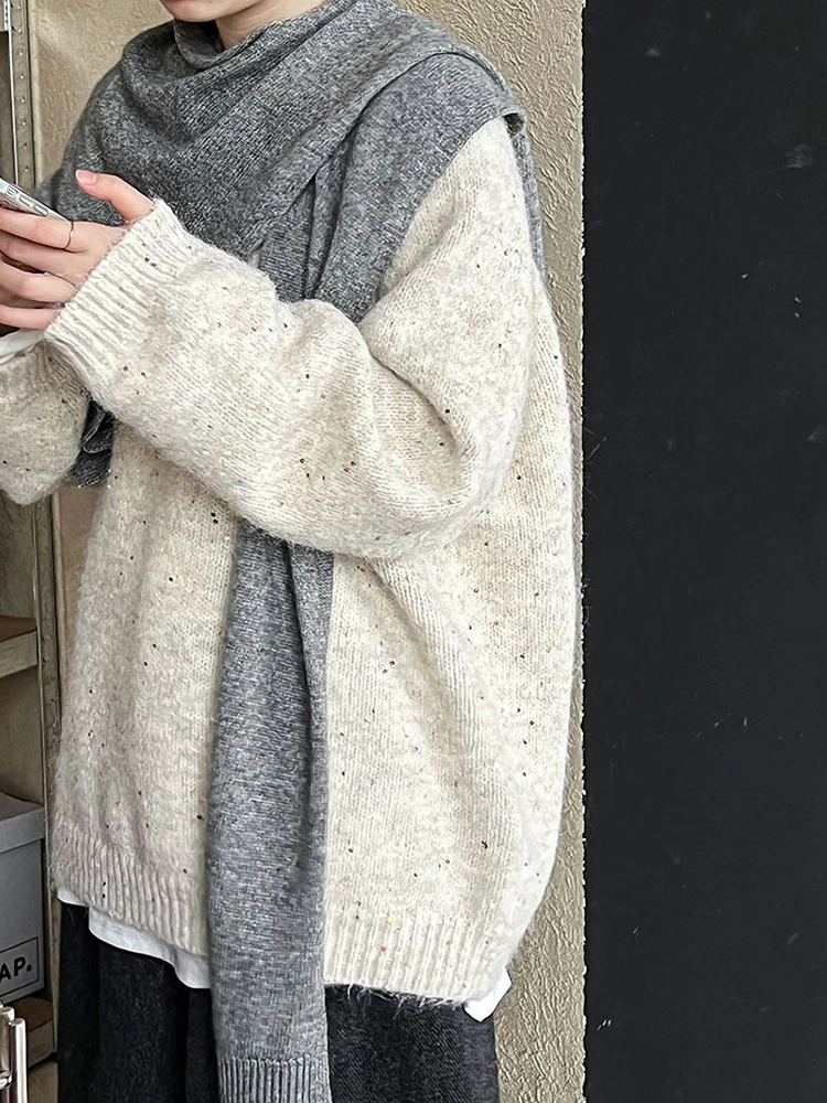 [EAM] Gray Sequins Big Size Knitting Sweater Round Neck Long Sleeve Women Pullovers New Fashion Tide Spring Autumn 2024 1DH7899